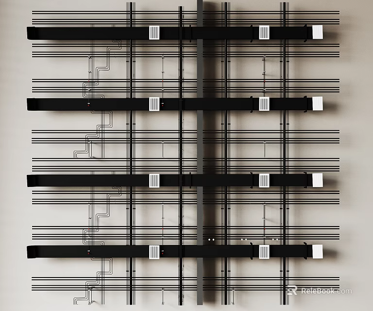 Black Pipes Neatly Arranged On Light Colored Background With White Square Connectors 3d model 