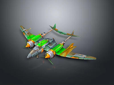 Green And Yellow Twin Engine Model Airplane With Streamlined Design And Detailed Wings 3d model