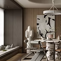 Modern Restaurant Interior With Round Dining Table Pendant Light And Marble Wall Art 3d model