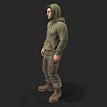 Man in Green Hoodie and Khaki Pants Standing with Brown Boots on Dark Background