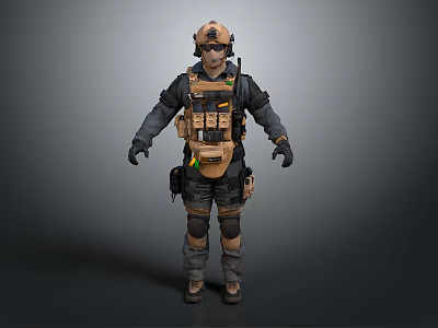 Tactical Operator In Full Gear With Helmet Goggles And Vest Standing On Gray Background 3d model