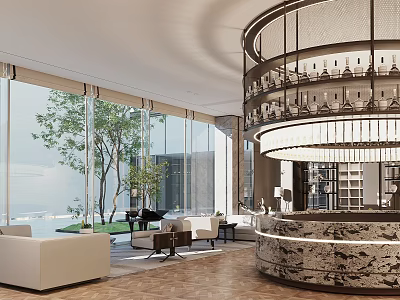 Elegant Modern Sales Office With Large Windows Green Plants Round Reception Desk Sofas And Chandelier 3d model