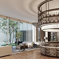Elegant Modern Sales Office With Large Windows Green Plants Round Reception Desk Sofas And Chandelier
