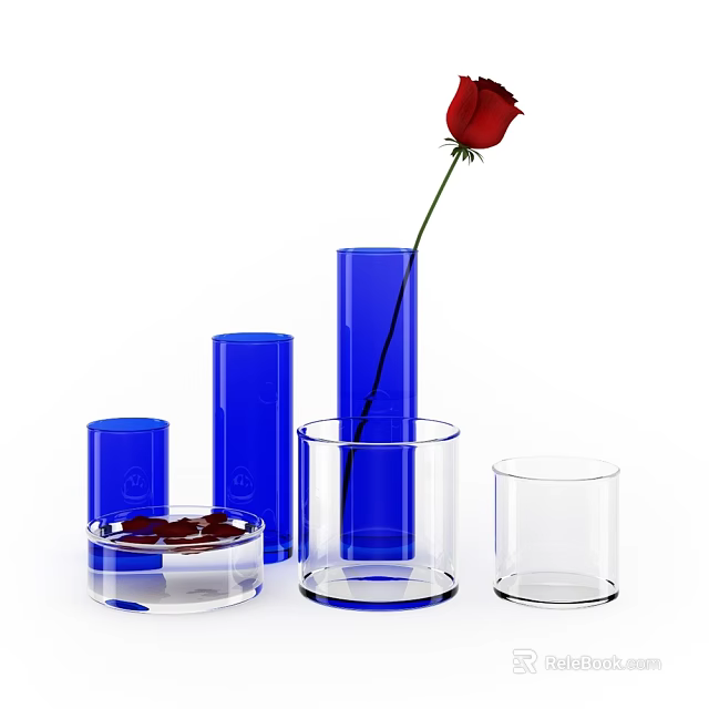 Decorative Glass Vases Set With Blue Transparent Containers And Red Rose 3d model 