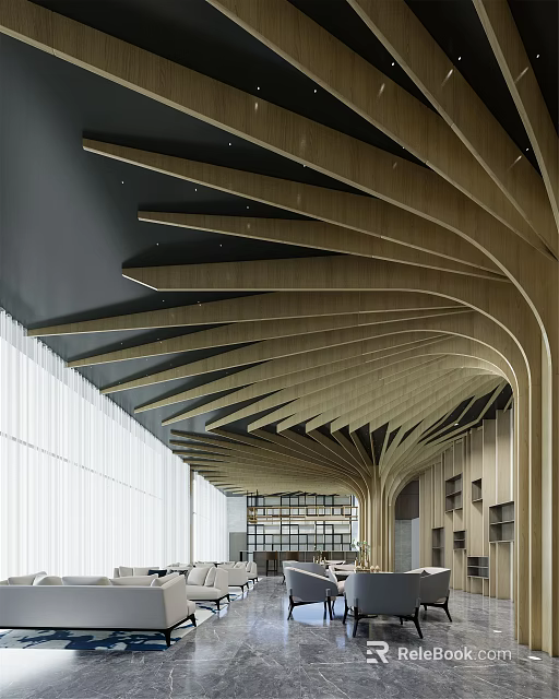 Modern Stylish Lounge Area With Curved Wooden Ceiling And Natural Light Open Space 3d model 