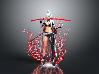 White Haired Female Character With Black And White Outfit Red Swords And Lightning Effects 3d model