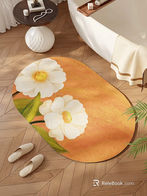 Oval Shaped Rug With Orange Background White Flowers And Green Leaves On Wooden Floor 3d model 