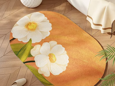 Oval Shaped Rug With Orange Background White Flowers And Green Leaves On Wooden Floor 3d model
