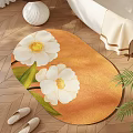 Oval Shaped Rug With Orange Background White Flowers And Green Leaves On Wooden Floor