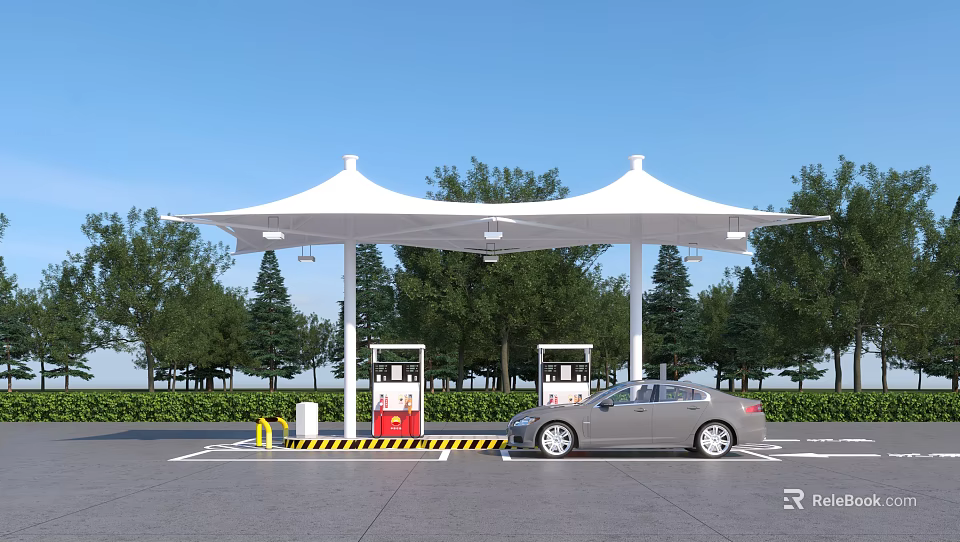 Gas Station Scene with White Canopy Fuel Pumps Car and Trees Under Blue Sky 3d model 