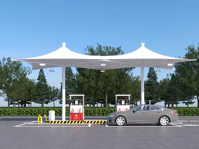 Gas Station Scene with White Canopy Fuel Pumps Car and Trees Under Blue Sky 3d model