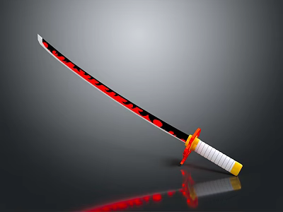 Katana Weapon With Red Black Blade Pattern And White Orange Handle On Gray Background 3d model