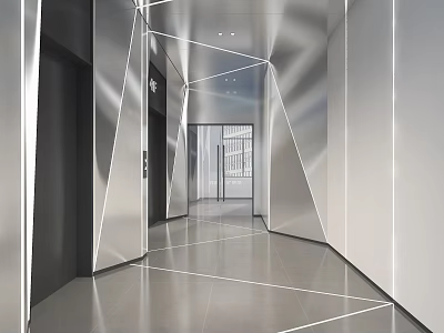 Modern Sleek Corridor Interior With Metallic Walls Geometric Lines And Elevator Doors 3d model