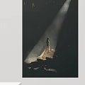 Woman In Long Dress Standing On Stage With Spotlight And Dark Background
