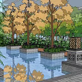 Residential Landscape With Wooden Structure Circular Archway Green Plants And Water Feature