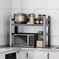 Practical Kitchen Shelf Organizing Cooking Utensils Plates Bowls Toaster Microwave And Red Cabinets