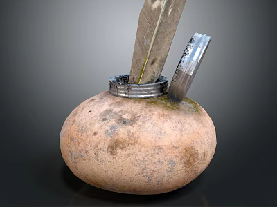Vintage Clay Pot With Metal Ring Feather Metal Lid And Mossy Surface Details 3d model