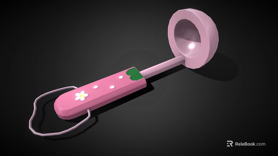 Pink Handheld Item With Circular Head Decorative Handle White Flower Green Leaf And Lanyard 3d model 