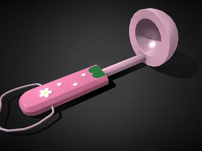 Pink Handheld Item With Circular Head Decorative Handle White Flower Green Leaf And Lanyard 3d model