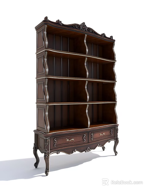 Classic Dark Brown Bookcase Featuring Decorative Legs Multiple Shelves And Drawers 3d model 