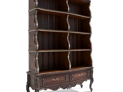 Classic Dark Brown Bookcase Featuring Decorative Legs Multiple Shelves And Drawers 3d model