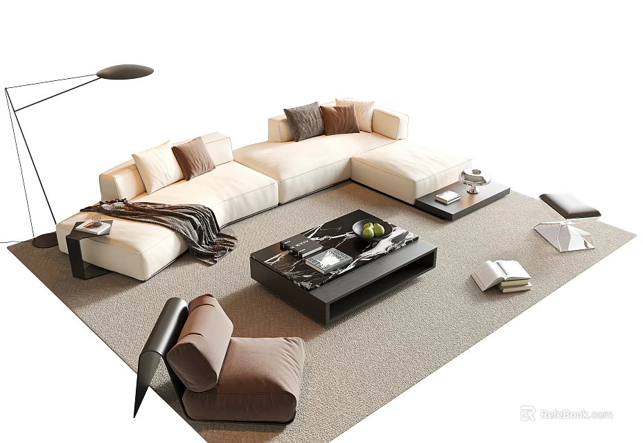 Beige L Shaped Sofa And Black Coffee Table Set With Cushions Throw Blanket And Books 3d model 