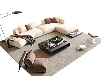 Beige L Shaped Sofa And Black Coffee Table Set With Cushions Throw Blanket And Books 3d model