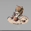 Fox Eared Cartoon Girl Sitting on Grassy Platform with Mushrooms and Tree Stumps