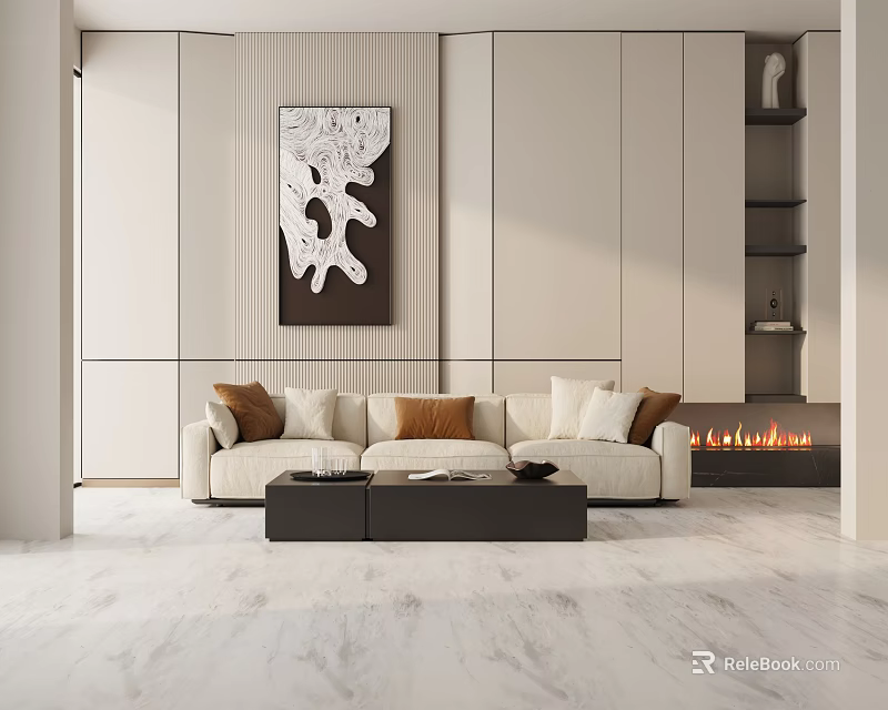 Three-Seater Sofa In Modern Living Room With Beige Brown Cushions Decorative Artwork Fireplace Marble Floor 3d model 