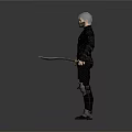 3D Character Model With White Hair Black Tight Outfit Knee Pads And Dagger