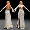 Women In White Dresses With Golden Decorations Long Red Hair And Flower Crowns