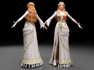 Women In White Dresses With Golden Decorations Long Red Hair And Flower Crowns 3d model