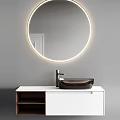 Modern Bathroom Interior With Round Illuminated Mirror Black Washbasin And White Cabinet