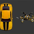 Yellow Bumblebee Robot And Shiny Sports Car Display Transformation Design With Metallic Features