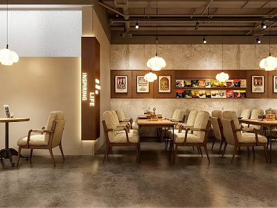Modern Café Interior Design With Wooden Walls Pendant Lights Tables Chairs And Decorative Paintings 3d model