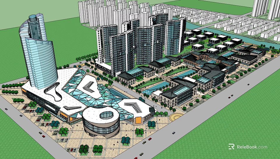 Modern Commercial Street with High Rise Buildings Open Square Pedestrian Area and Greenery 3d model 