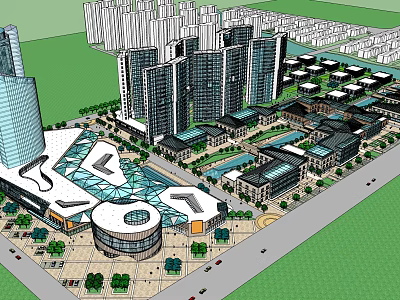 Modern Commercial Street with High Rise Buildings Open Square Pedestrian Area and Greenery 3d model