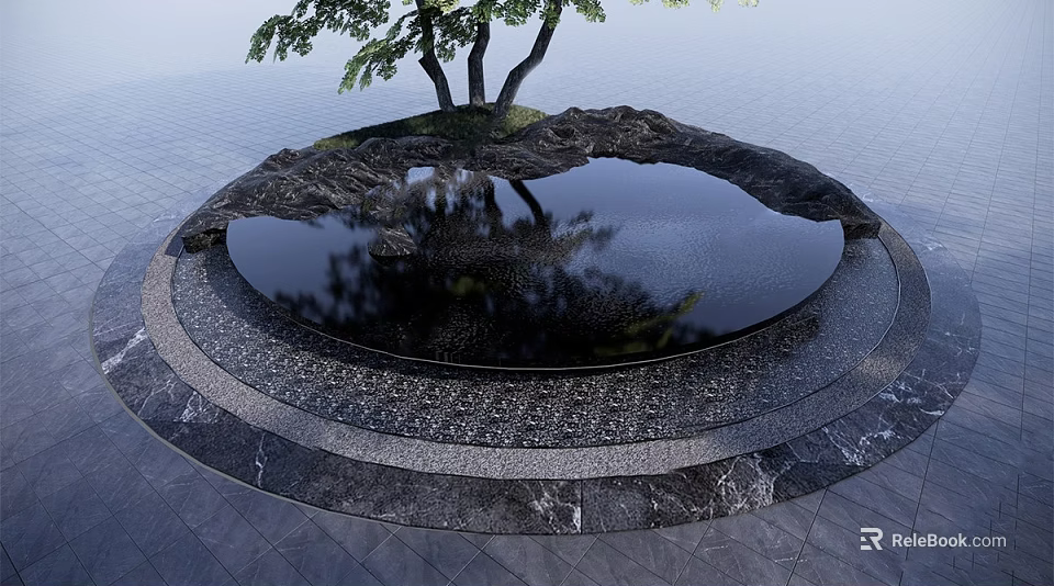 Round Water Fountain Design With Small Island Trees Marble Surroundings And Calm Reflections 3d model 