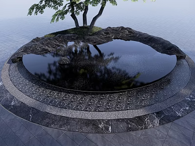 Round Water Fountain Design With Small Island Trees Marble Surroundings And Calm Reflections 3d model