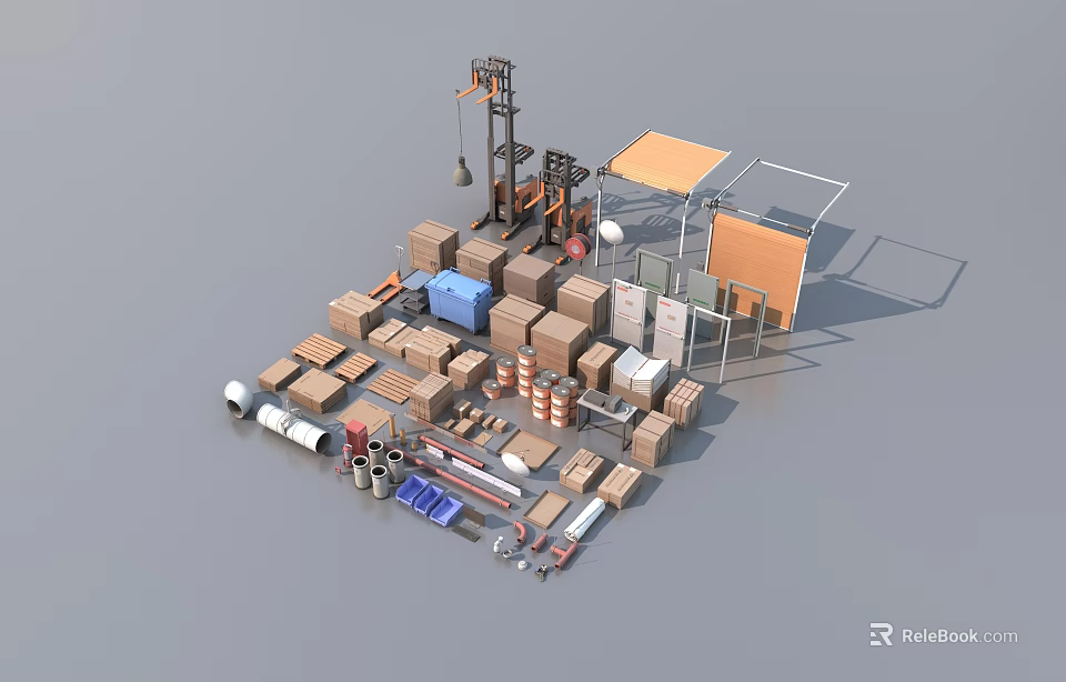 Industrial Equipment Setup With Crane Cardboard Boxes Parts And Components 3d model 