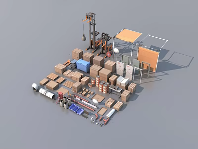 Industrial Equipment Setup With Crane Cardboard Boxes Parts And Components 3d model