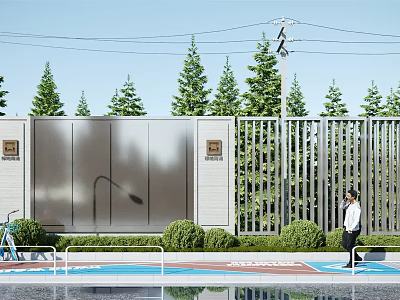 Modern Metallic Gray Building Exterior Wall With Pine Trees Bushes Metal Fence Bicycle And Person 3d model