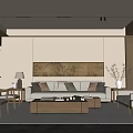 New Chinese Style Song Style Living Room Sofa Coffee Table Combination Leisure Chair Bench Side Table Mural Plaster Lamp Table Lamp Dried Flower 3d model
