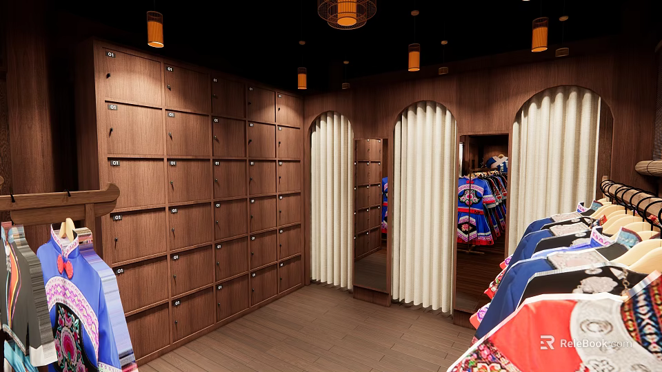Organized Cloakroom Space Featuring Wooden Lockers Arched Mirrors And Hanging Clothes 3d model 