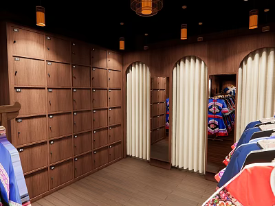Organized Cloakroom Space Featuring Wooden Lockers Arched Mirrors And Hanging Clothes 3d model