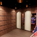 Organized Cloakroom Space Featuring Wooden Lockers Arched Mirrors And Hanging Clothes
