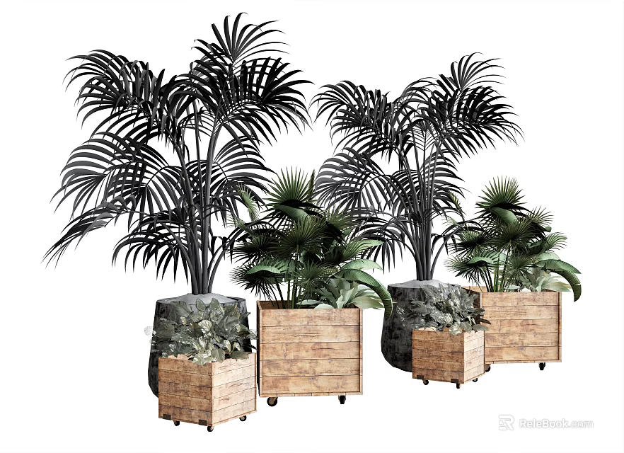 Potted Palm Plants With Wooden Stone Decorated Pots And Wheeled Bases 3d model 