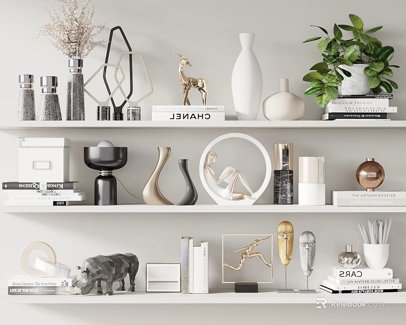Decorative Ornament Sets With Vases Animal Figurines Geometric Decor Books And Potted Plants On Shelves 3d model 