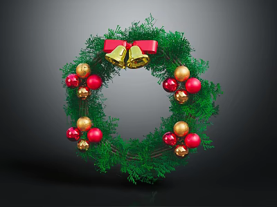 Festive Christmas Evergreen Wreath With Red Gold Ornaments Gold Bells And Red Bow 3d model