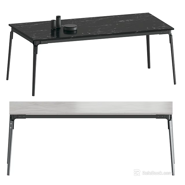 Modern Black Dining Table With Marble Top And Sleek Metal Legs 3d model 